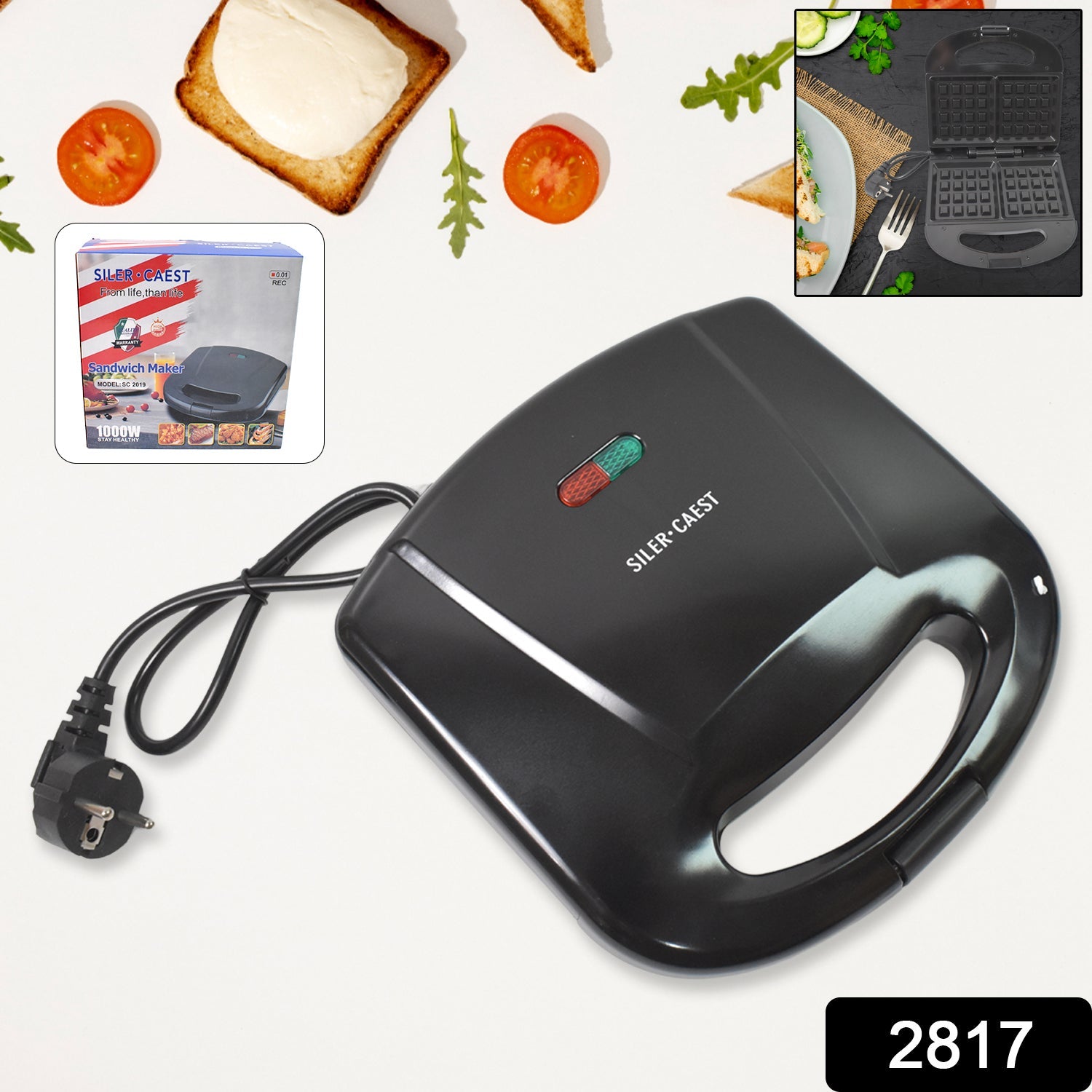 Sandwich Maker â€“ Makes 2 Square Sandwiches, Non-Stick Plates, Easy to Clean
