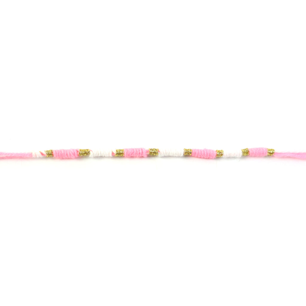 Cute Pink White Thread Rakhi For Brother With Golden Beads (1 Pc)