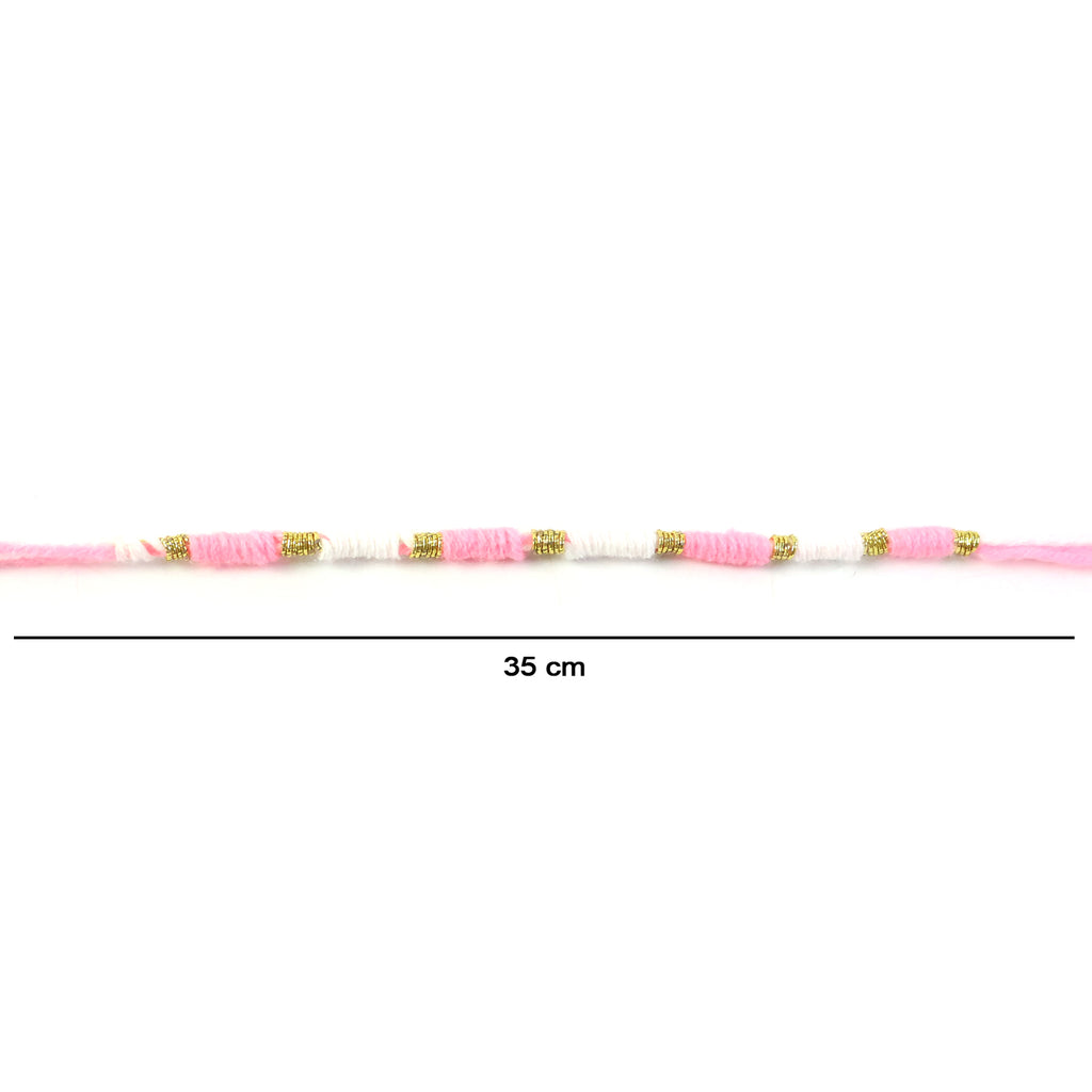 Cute Pink White Thread Rakhi For Brother With Golden Beads (1 Pc)