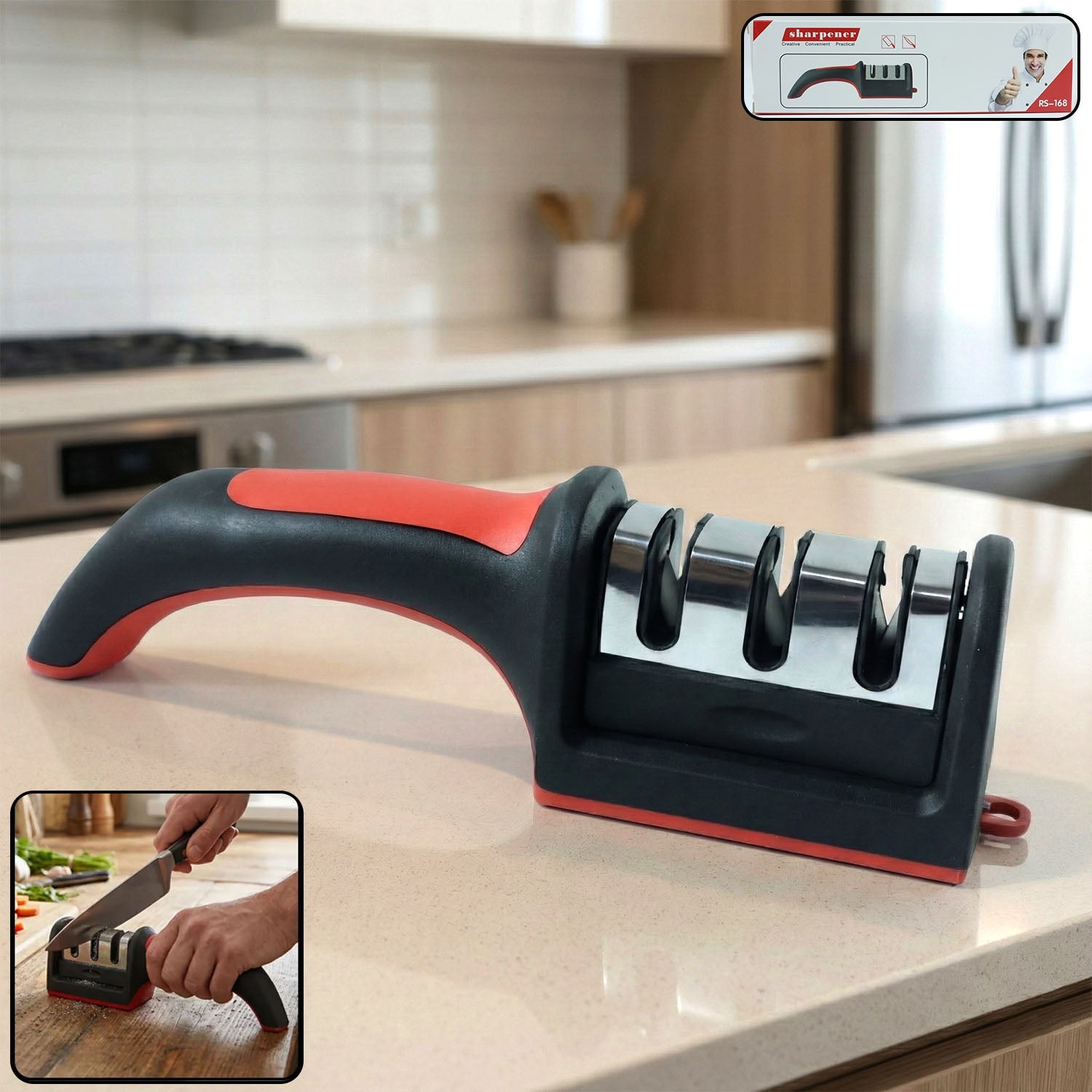 Manual Red & Black Knife Sharpener â€“ 3-Stage Tool for Ceramic & Steel Knives