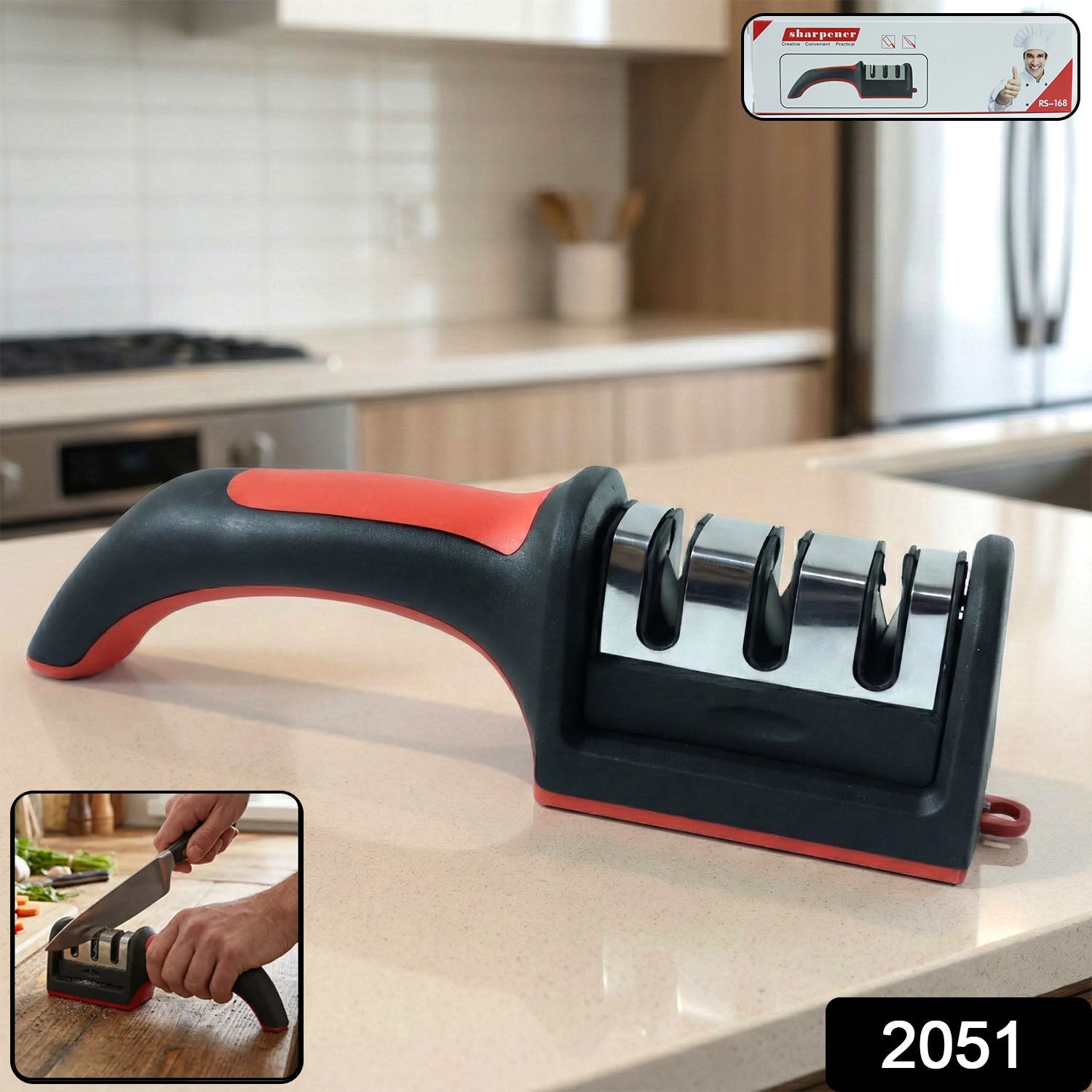 Manual Red & Black Knife Sharpener â€“ 3-Stage Tool for Ceramic & Steel Knives